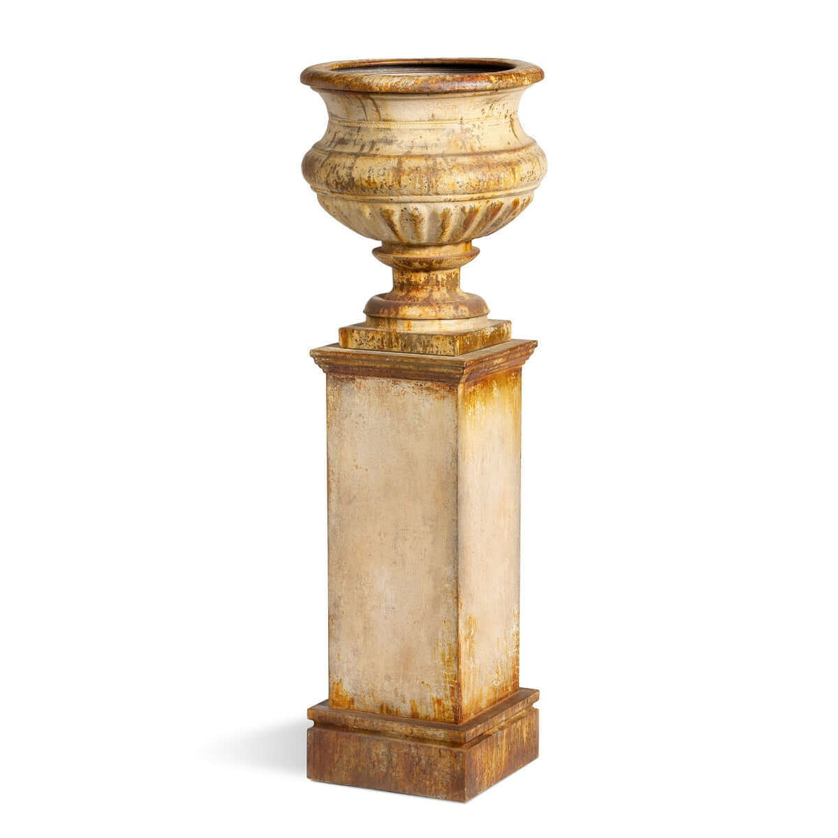 Decorative urn on a pedestal with a textured surface on a white background