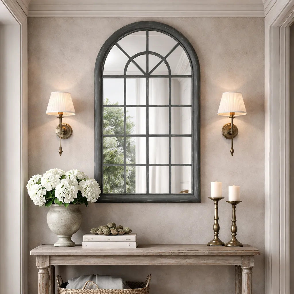 Decorative gray arched window pane mirror with floral arrangement and candles on a console table in a room.