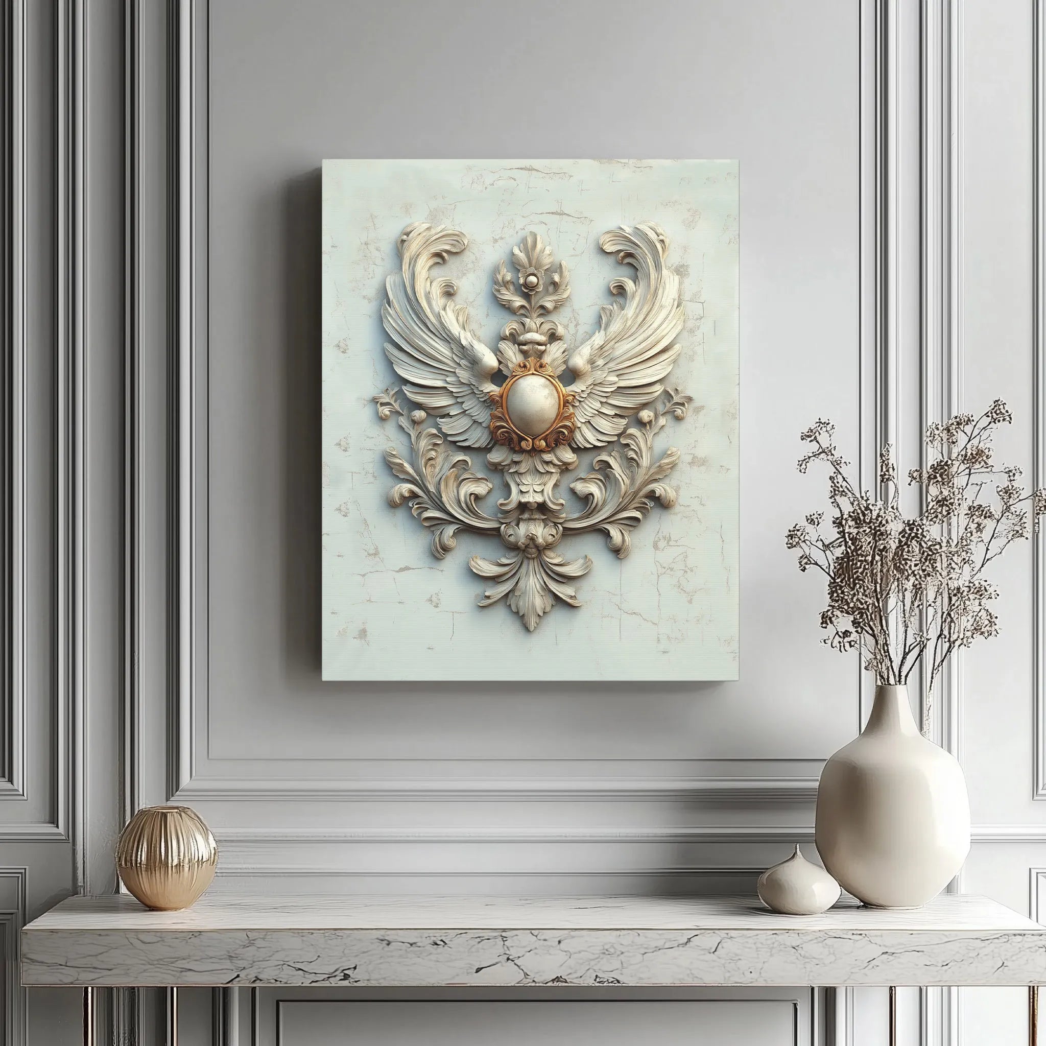 Baroque Winged Crest Wall Art – Elegant Gallery Wrapped Canvas Print