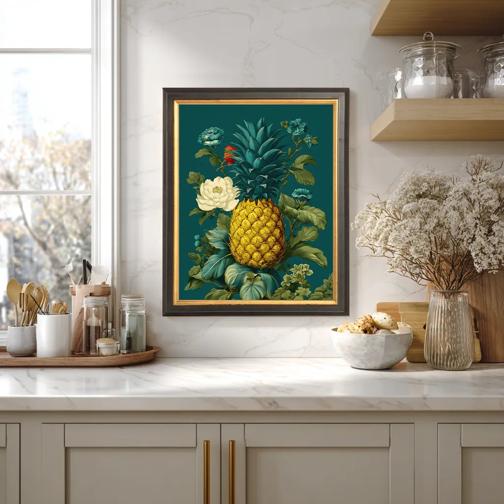 Framed pineapple wall art in black and gold frame, teal botanical print styled in a bright kitchen, 8x10 size