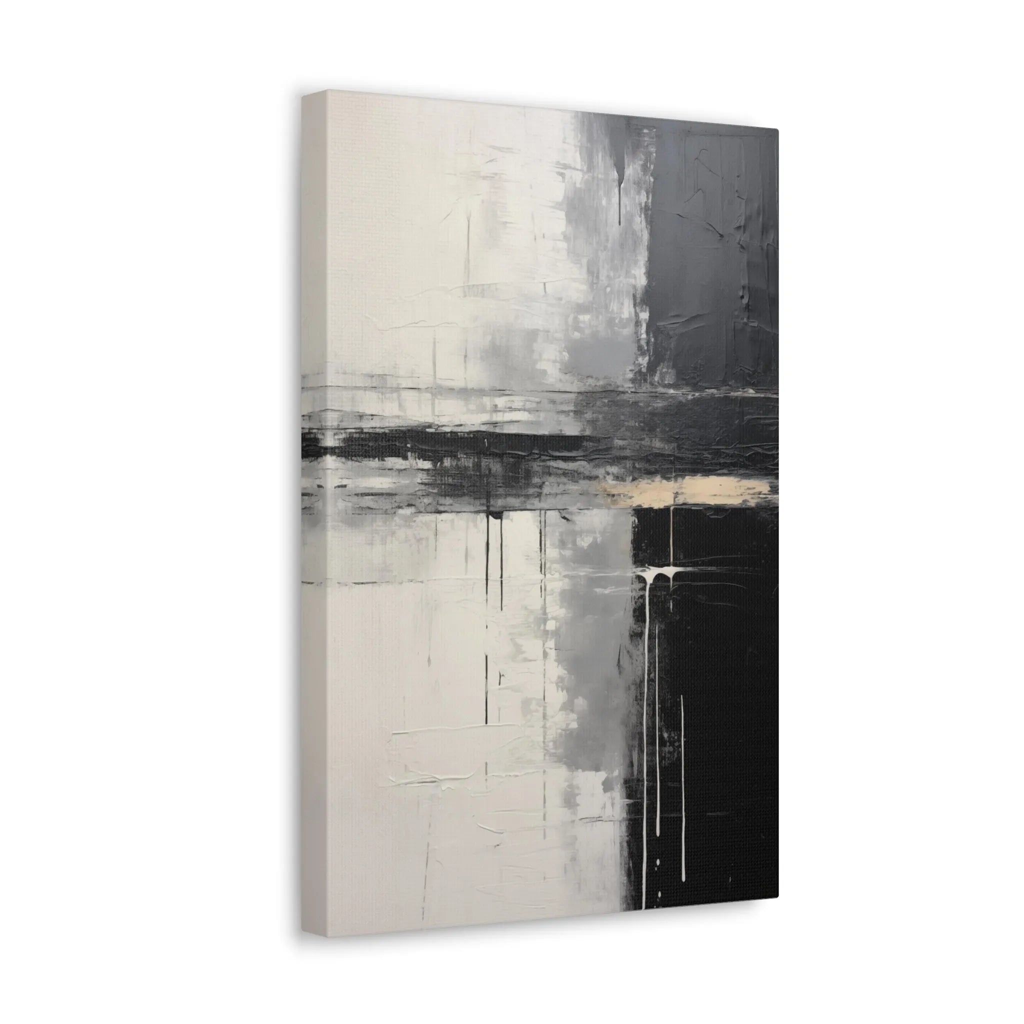Abstract art painting in black, white, and gray on a white background side view