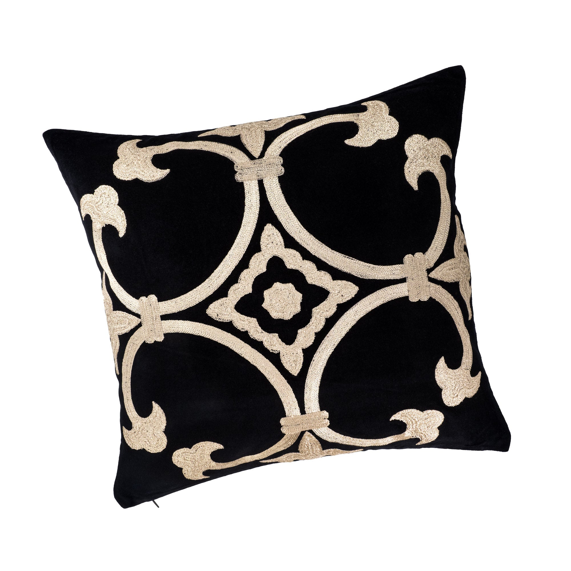 Black Velvet Pillow Cover with Gold Embroidery, 20 x 20