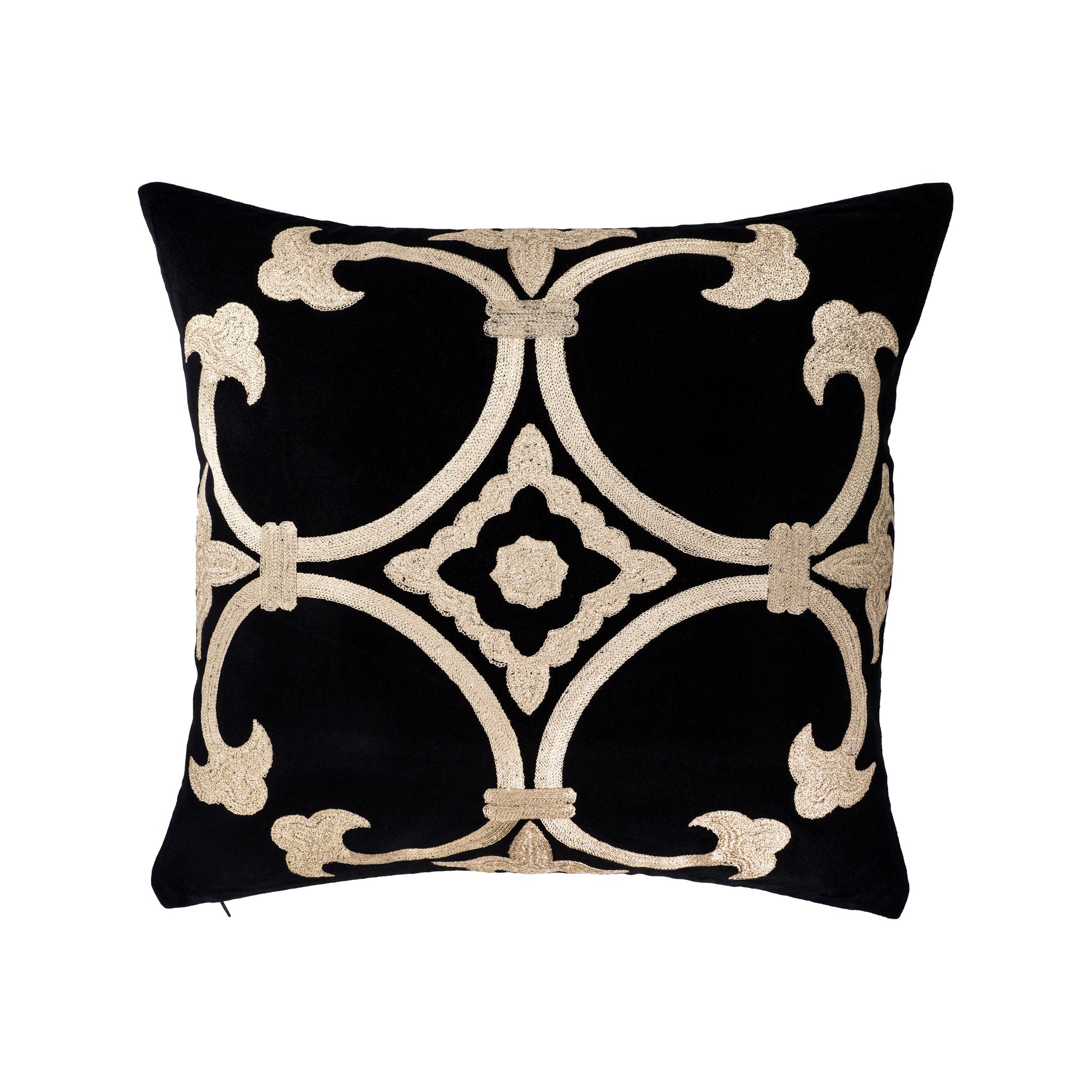 Black Velvet Pillow Cover with Gold Embroidery, 20 x 20