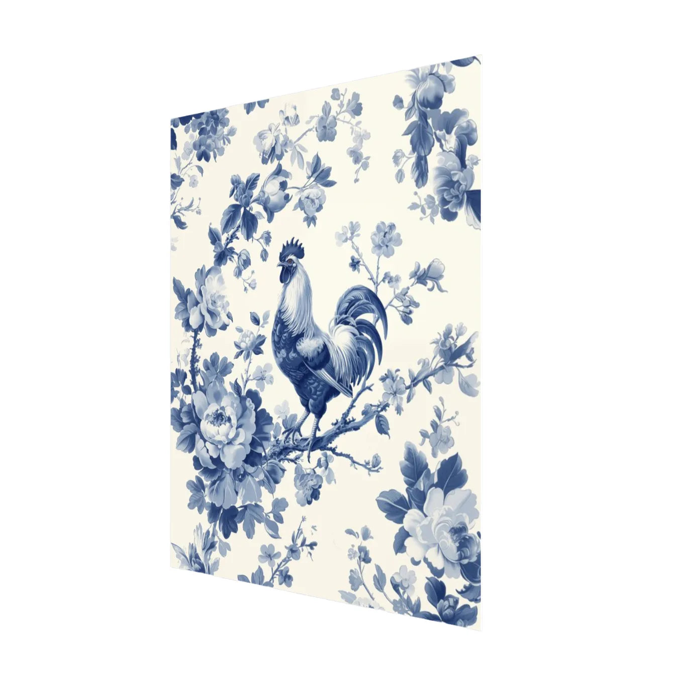 Side angle of a Blue and white chinoiserie rooster fine art print with peony florals on an ivory background