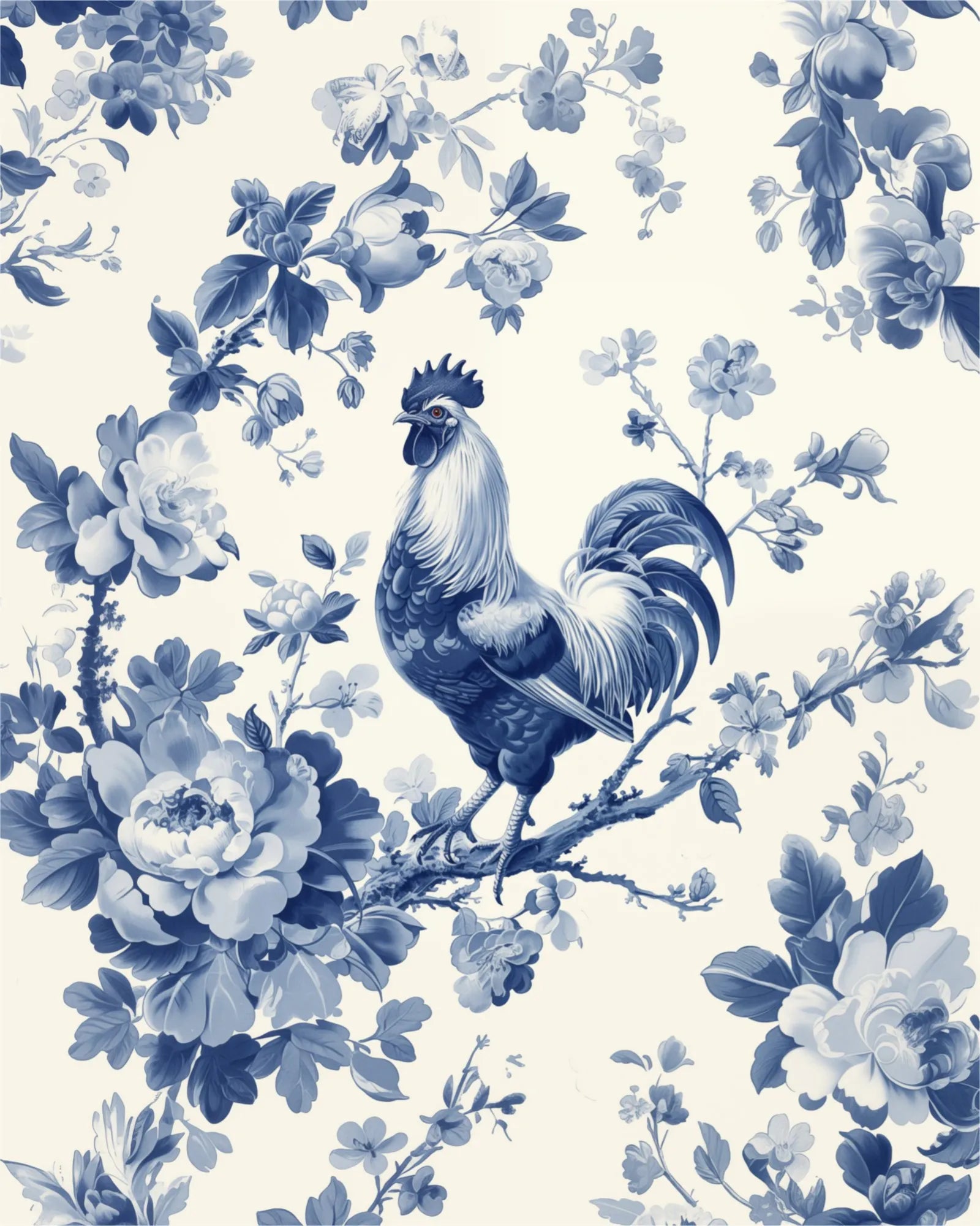 Blue and white chinoiserie rooster fine art print with peony florals on an ivory background