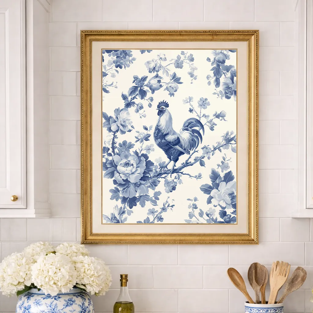 Chinoiserie rooster wall art in gold frame displayed in a classic kitchen with blue and white decor accents