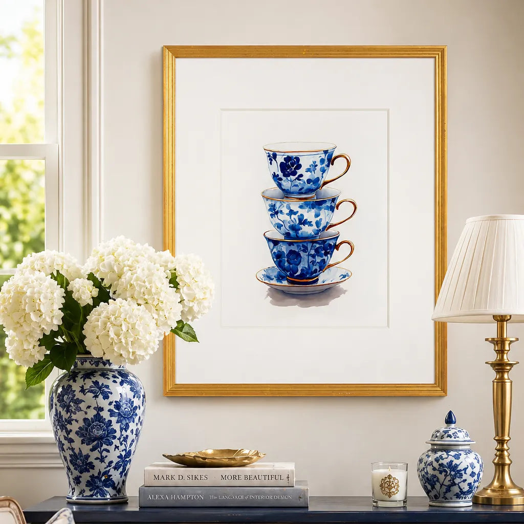 Blue and white chinoiserie teacup wall art in 20x24 antique gold frame styled interior with hydrangeas, books, and classic decor accents