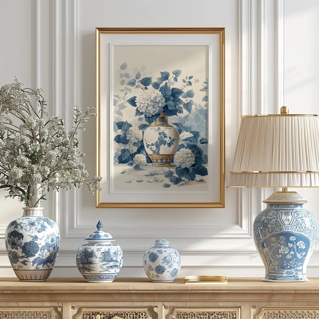 Blue and white hydrangea floral art print in gold frame above console table, styled with chinoiserie porcelain vases and neutral interior decor