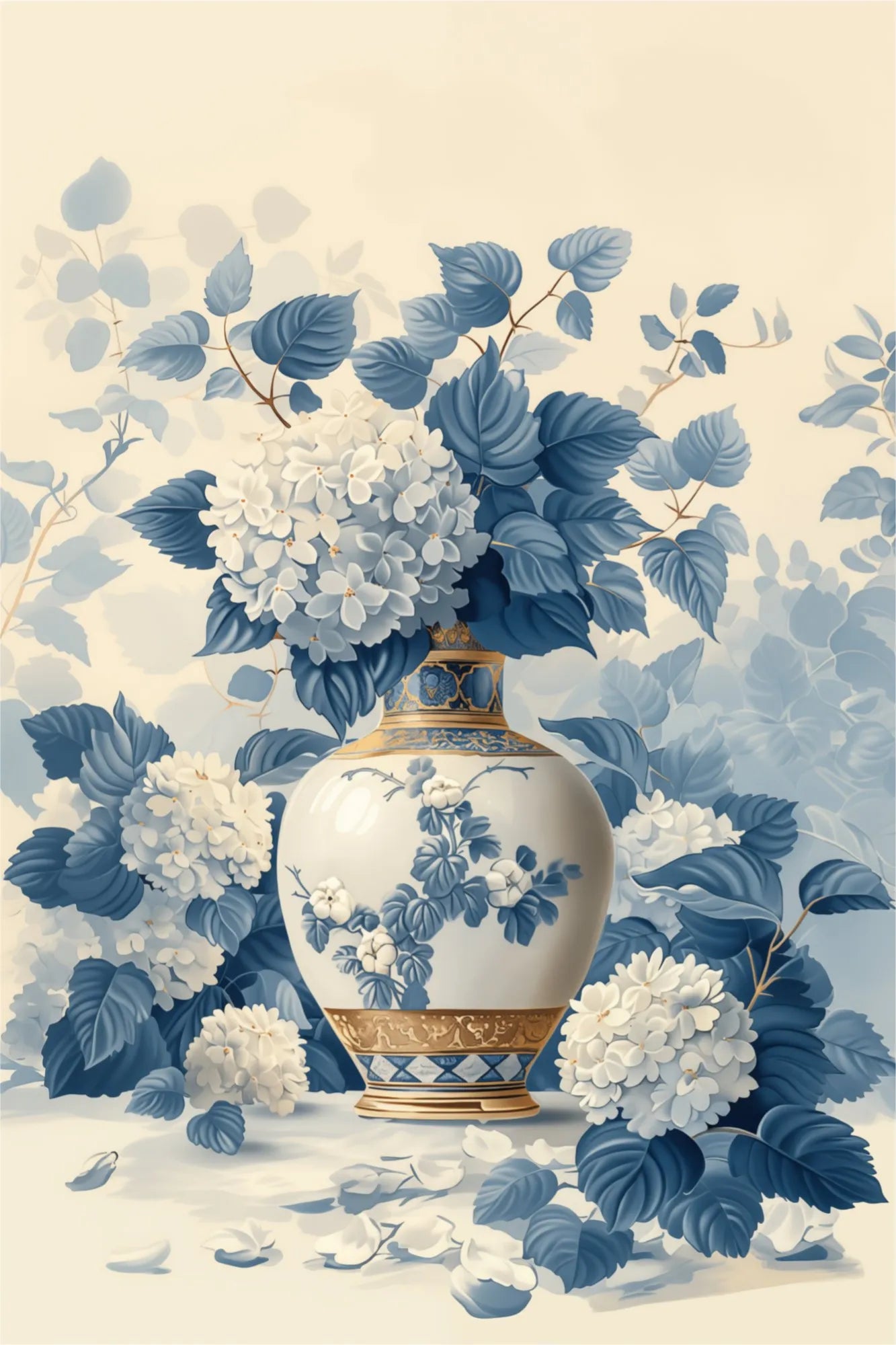 Blue and white chinoiserie hydrangea floral arrangement in porcelain vase, soft neutral background, painterly botanical wall art print