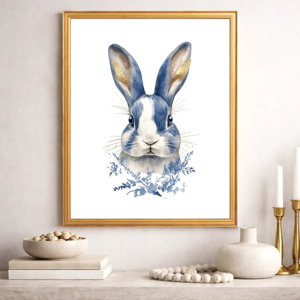 A blue and white rabbit portrait fine art print in a gold frame above a shelf with candlesticks and ornaments
