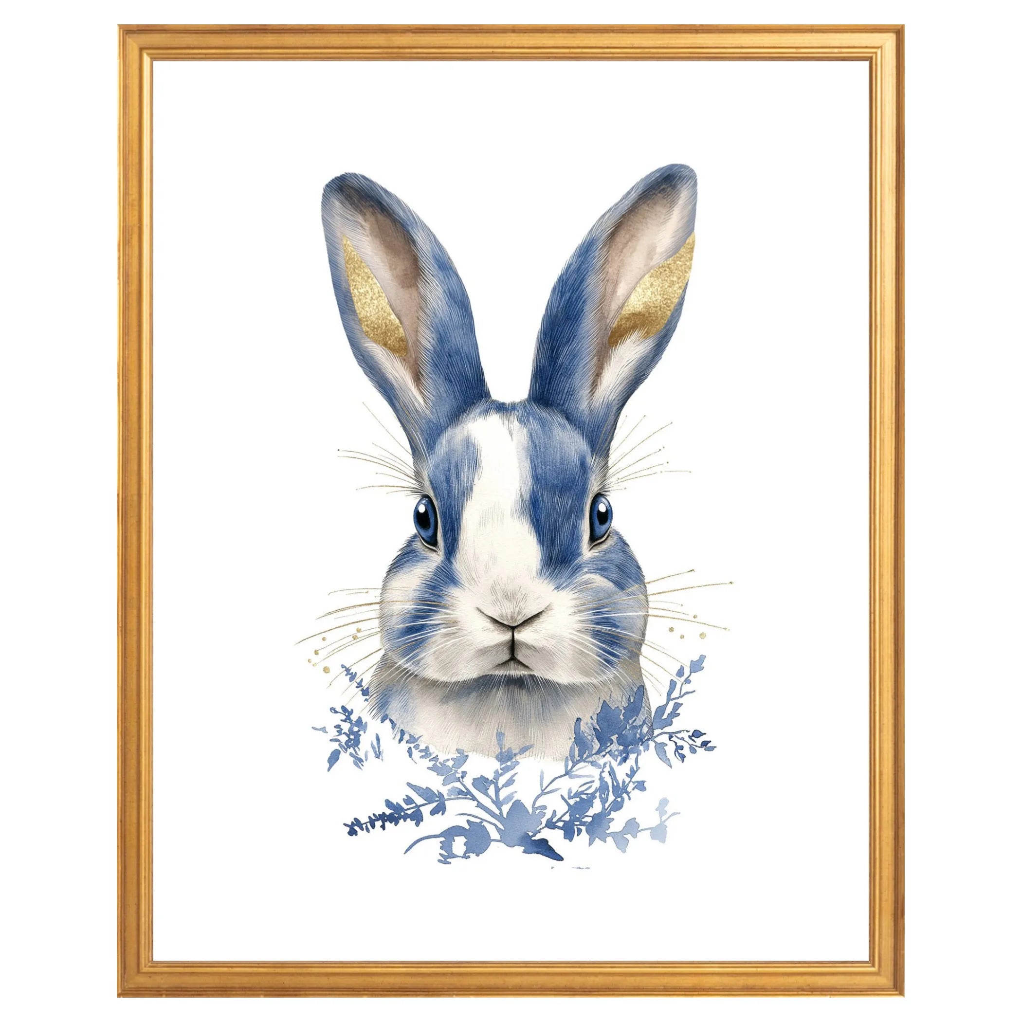Blue and white rabbit portrait fine art print in a certificate gold frame, featuring delicate watercolor detailing and subtle gold accents