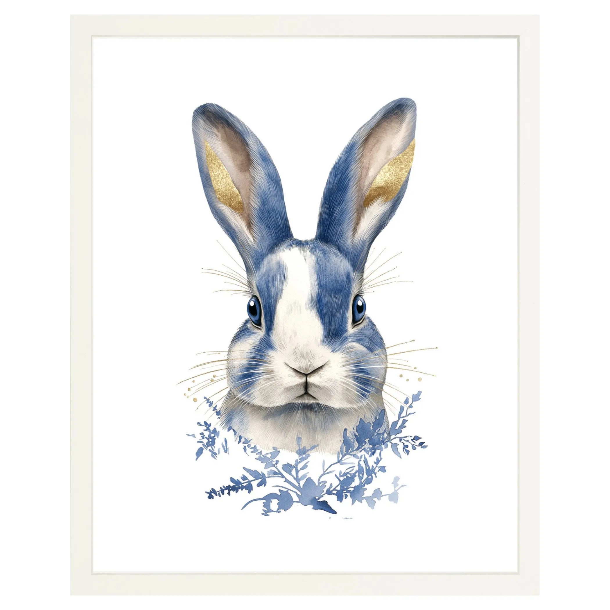 Blue and white rabbit portrait fine art print in a white frame, showcasing soft watercolor textures and gold accent details
