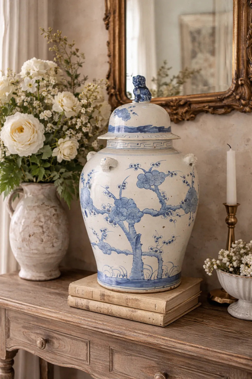 Decorative blue and white chinoiserie temple jar on a wooden surface with flowers and a candle in the background