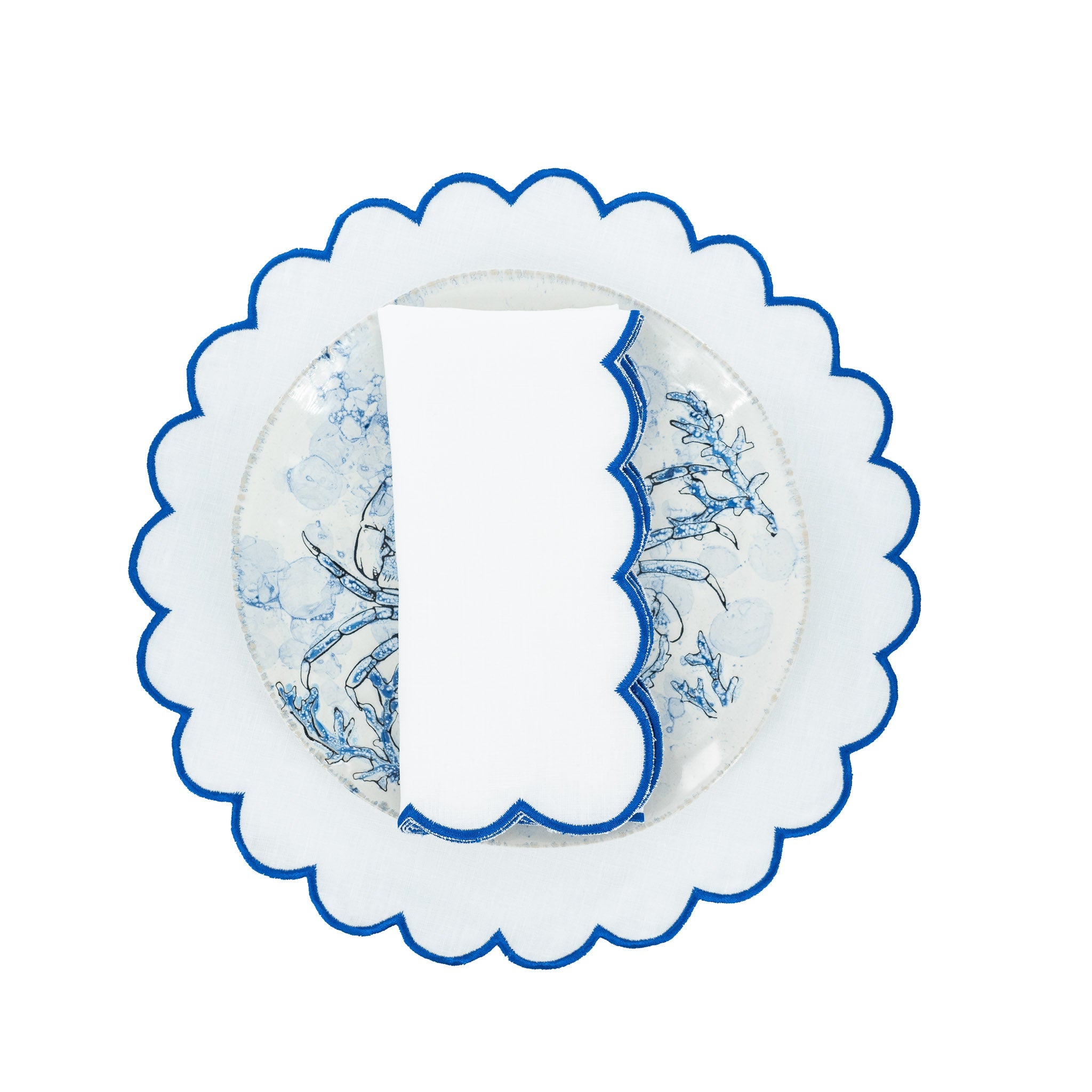 Blue Scalloped Linen Napkins, Set of 4