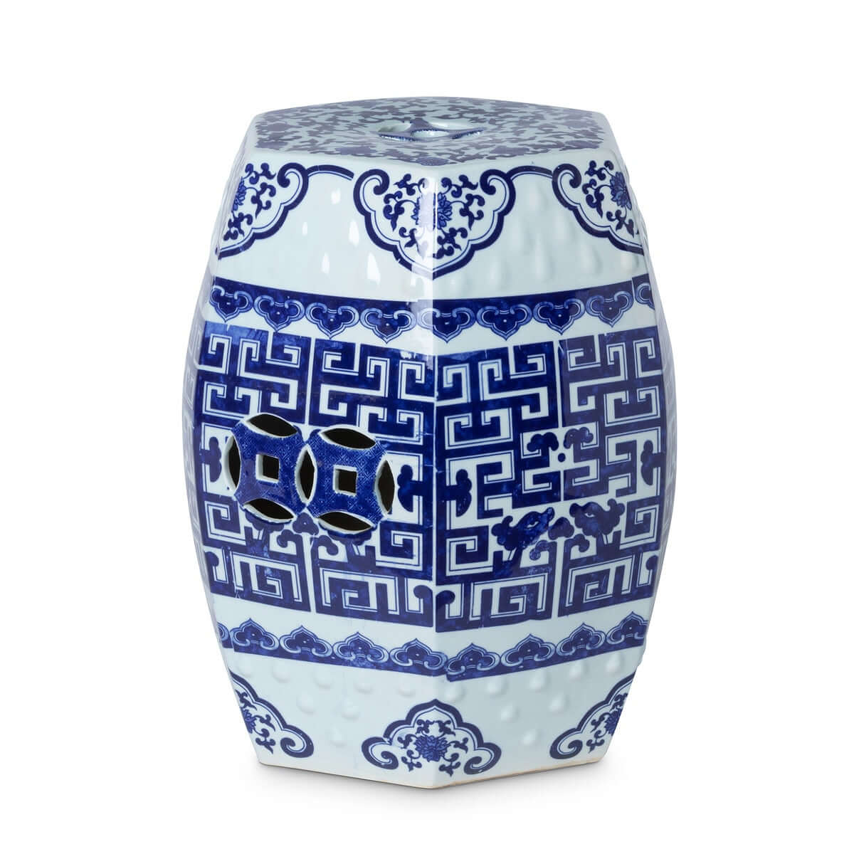 Blue and white chinoiserie garden stool with intricate patterns on a white background