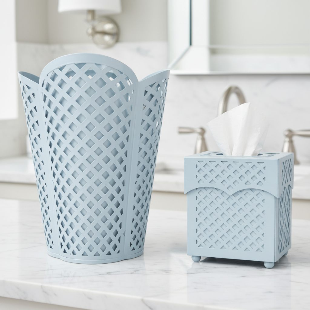Light blue metal trash can and tissue box holder with lattice design on a marble surface with a bathroom background.