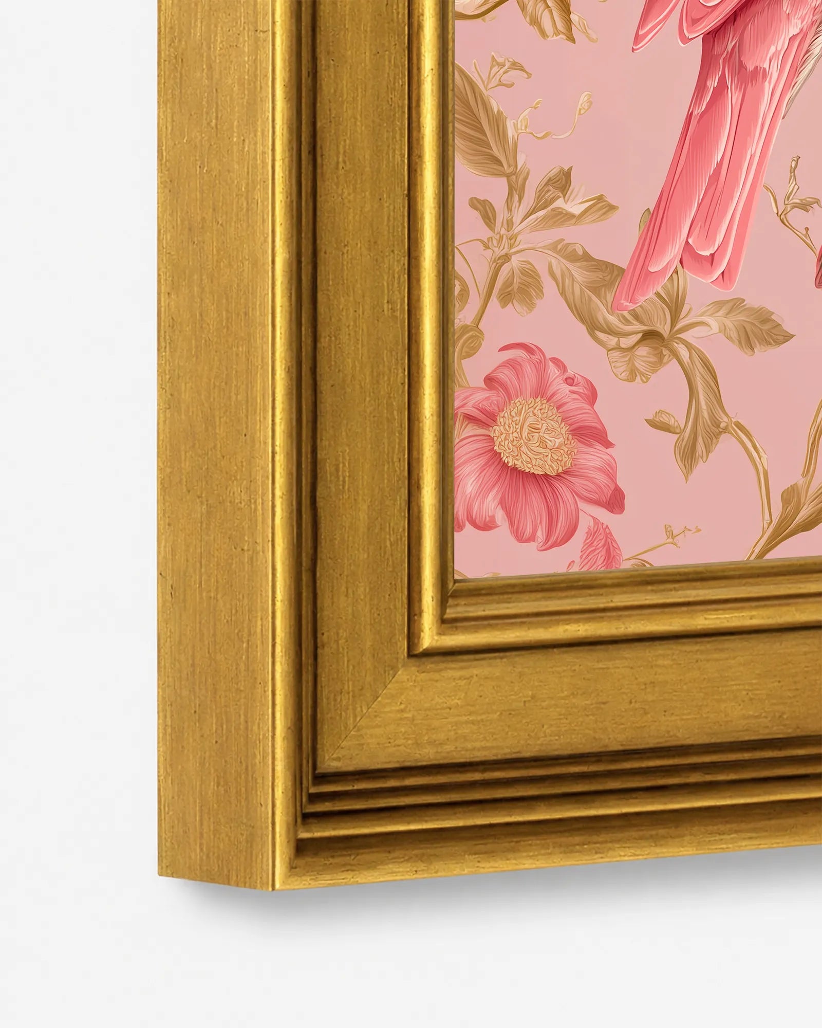 Close-up detail of the burnished antique gold wood frame used for Blush Finches in Pink Peonies framed wall art, showing the profile, finish, and craftsmanship.