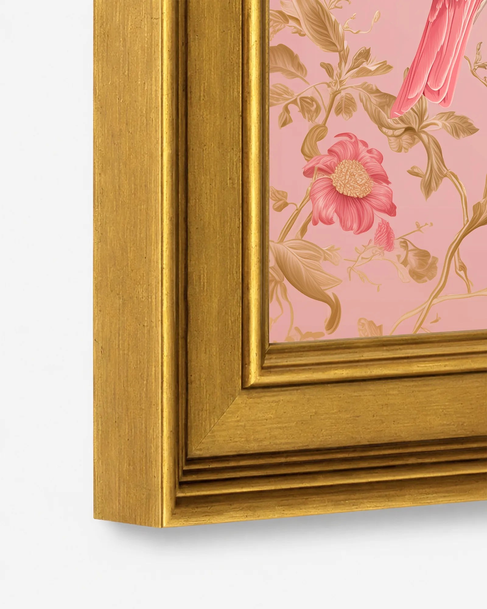 Close-up detail of the burnished antique gold wood frame used for Blush Finches in Pink Peonies framed wall art, showing the profile, finish, and craftsmanship.
