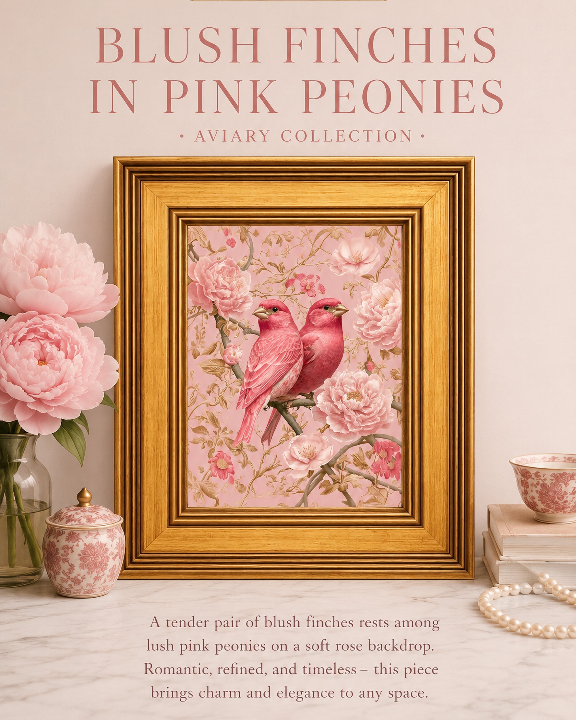 Blush Finches in Pink Peonies | Framed Bird Wall Art | House of Jewel Chintz | Sara Burnard