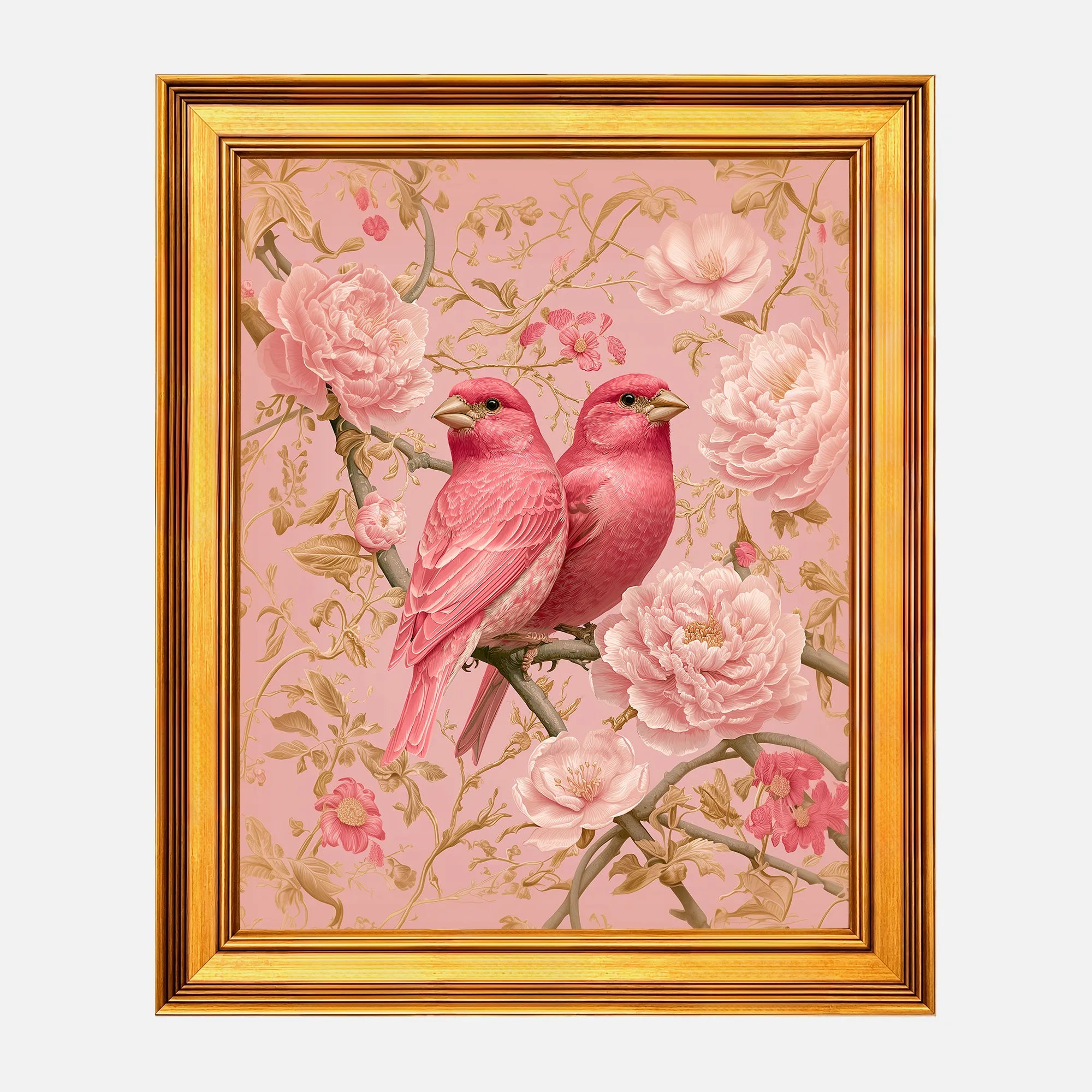 Blush Finches in Pink Peonies framed wall art in a burnished antique gold frame, 16 x 20 inch print size with 19.5 x 23.5 inch framed dimensions.