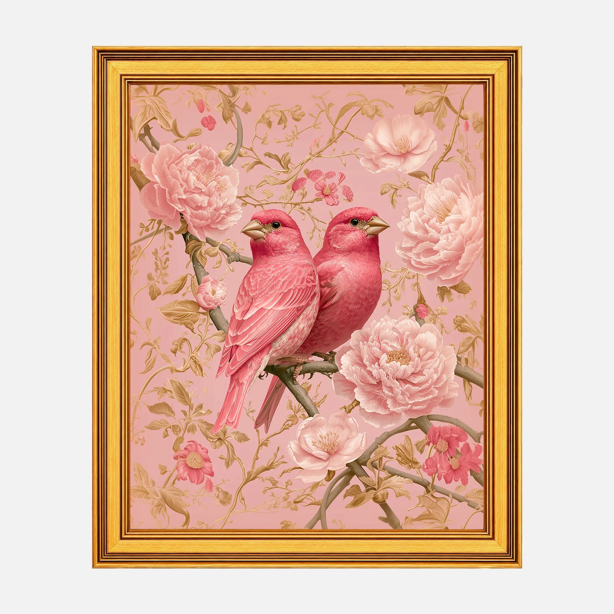 Blush Finches in Pink Peonies framed fine art print in a burnished antique gold frame, 20 x 25 inch print size with 23.5 x 28.5 inch framed dimensions.