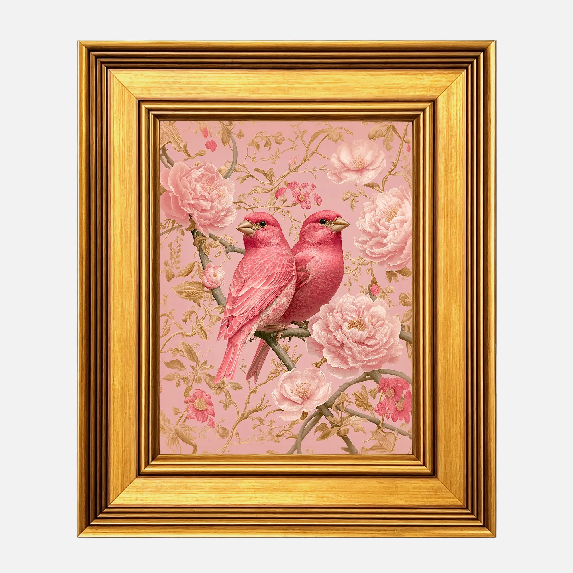 Blush Finches in Pink Peonies framed wall art in a burnished antique gold frame, 8 x 10 inch print size with 11.5 x 13.5 inch framed dimensions.