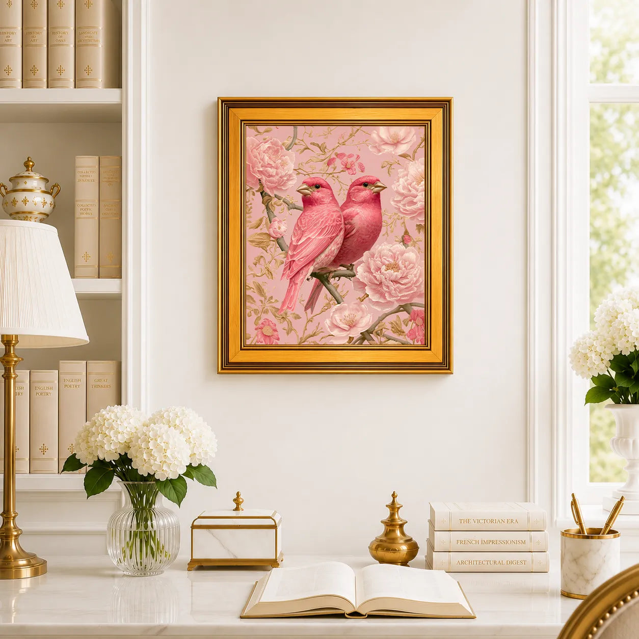 Blush Finches in Pink Peonies framed wall art displayed above a traditional desk with peonies, books, brass decor, and a burnished antique gold frame.