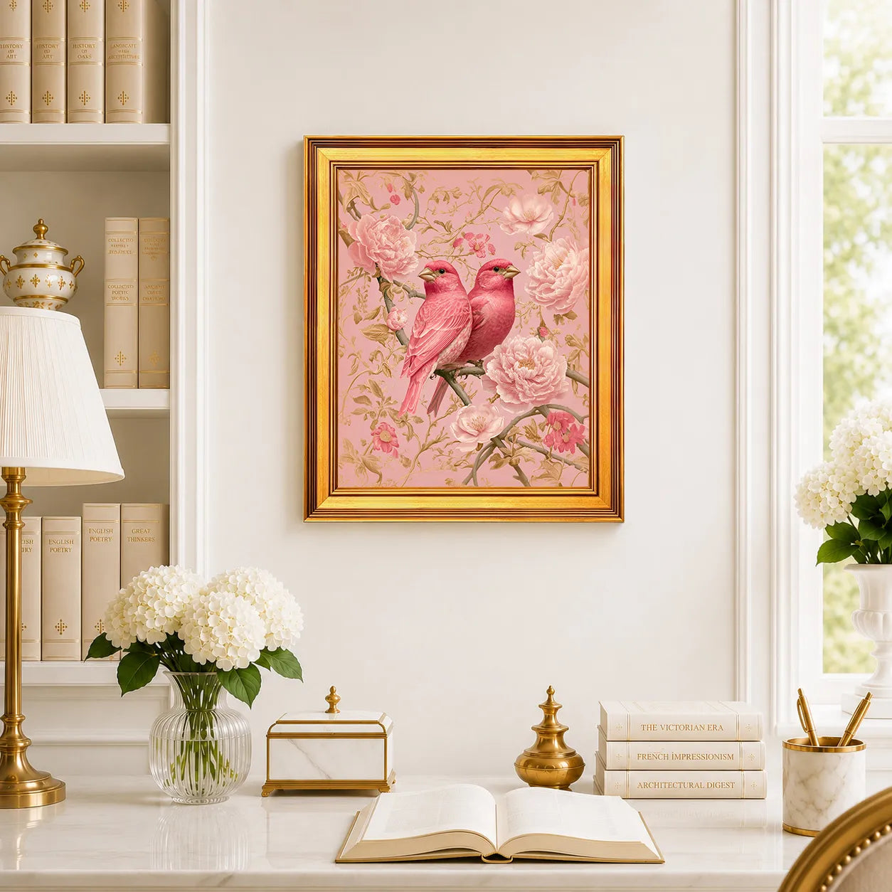 Blush Finches in Pink Peonies framed wall art displayed above a traditional desk with peonies, books, brass decor, and a burnished antique gold frame.