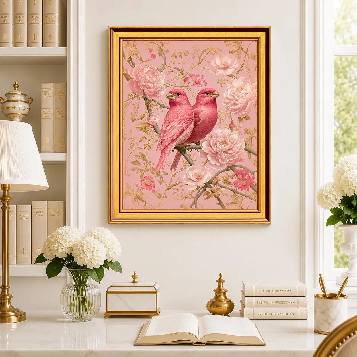 Large Blush Finches in Pink Peonies framed wall art displayed in a traditional study with peonies, antique books, brass accents, and a burnished antique gold frame.
