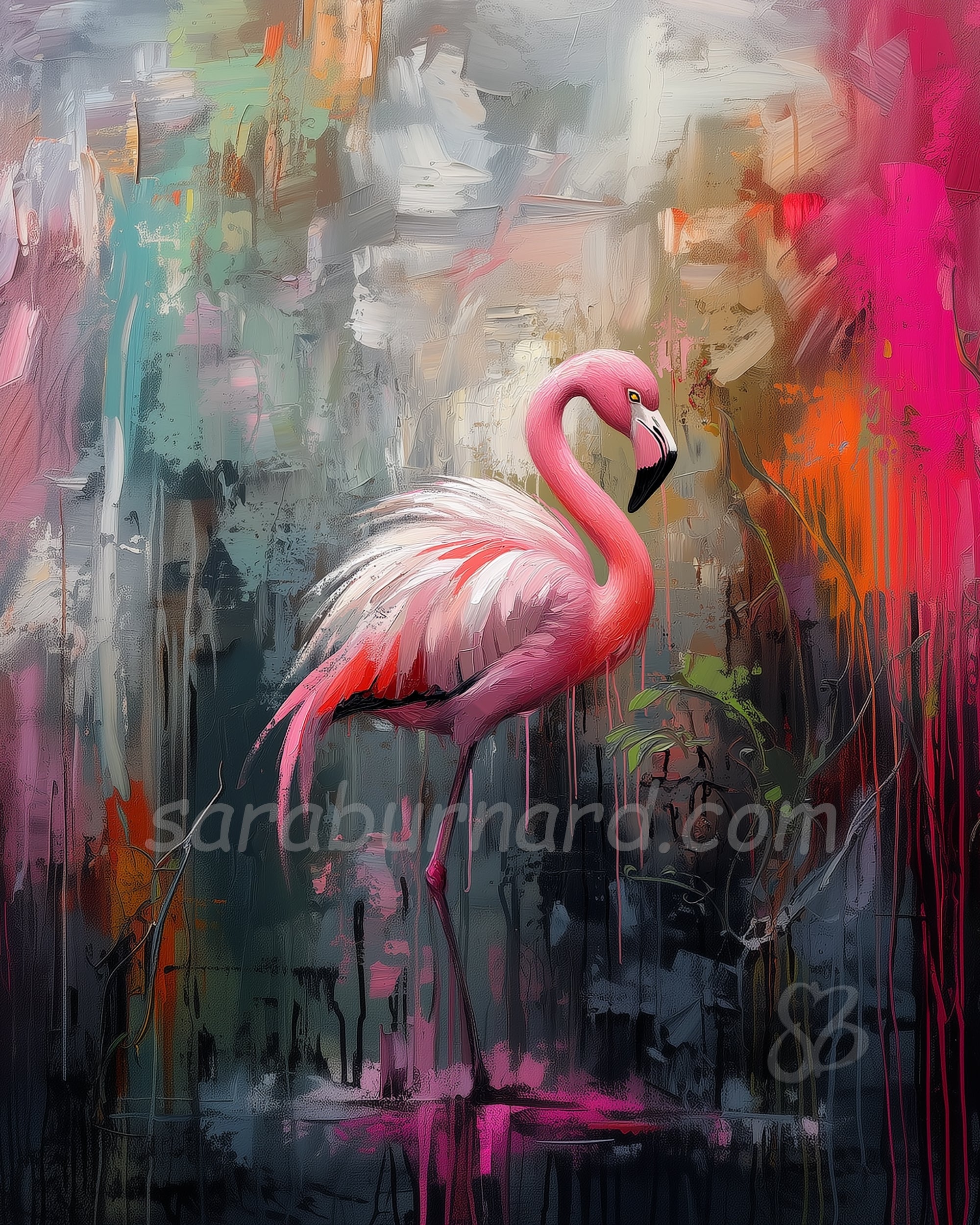 Colorful abstract painting of a pink flamingo with visible artist's signature.