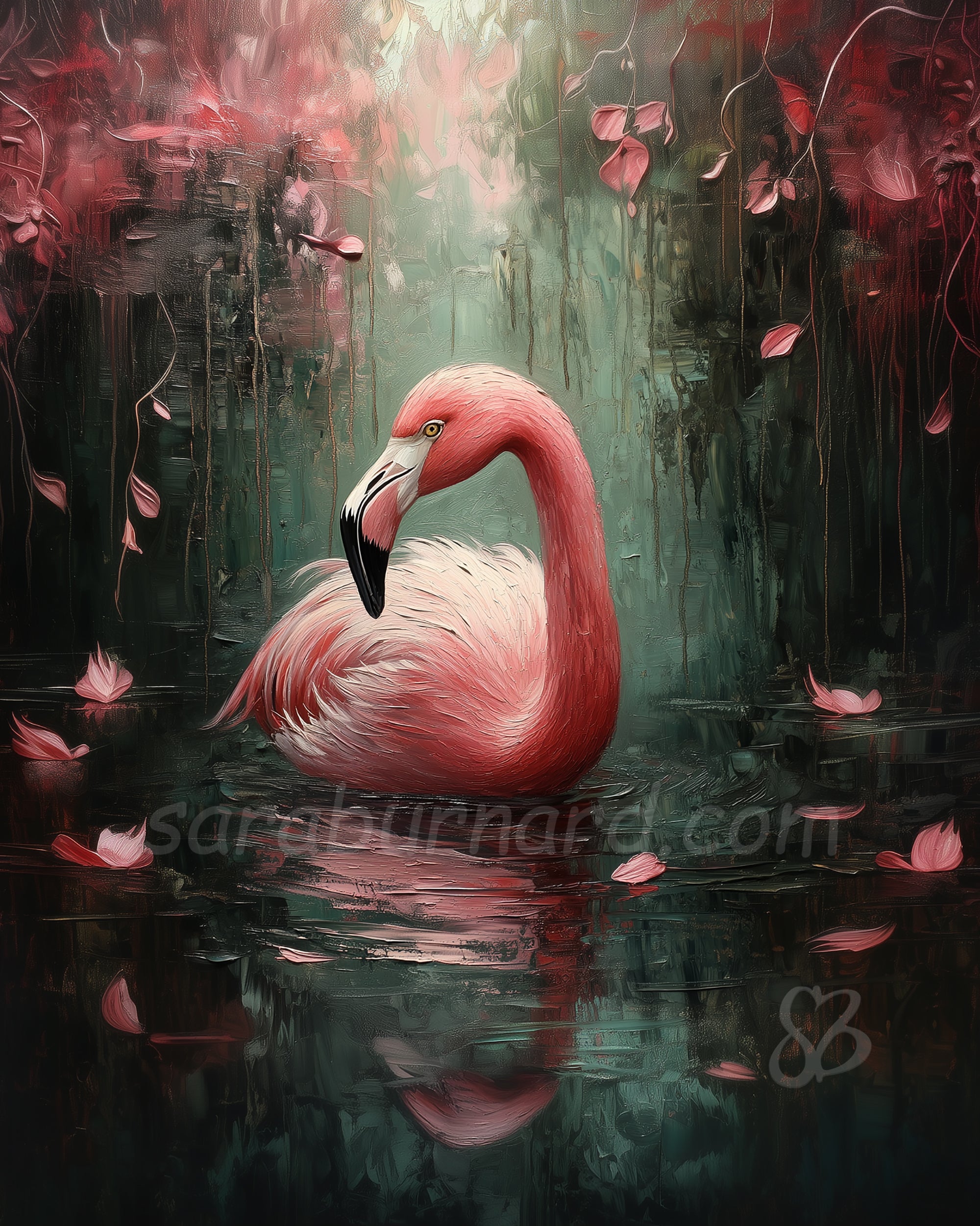 Pink flamingo in water with floral surroundings