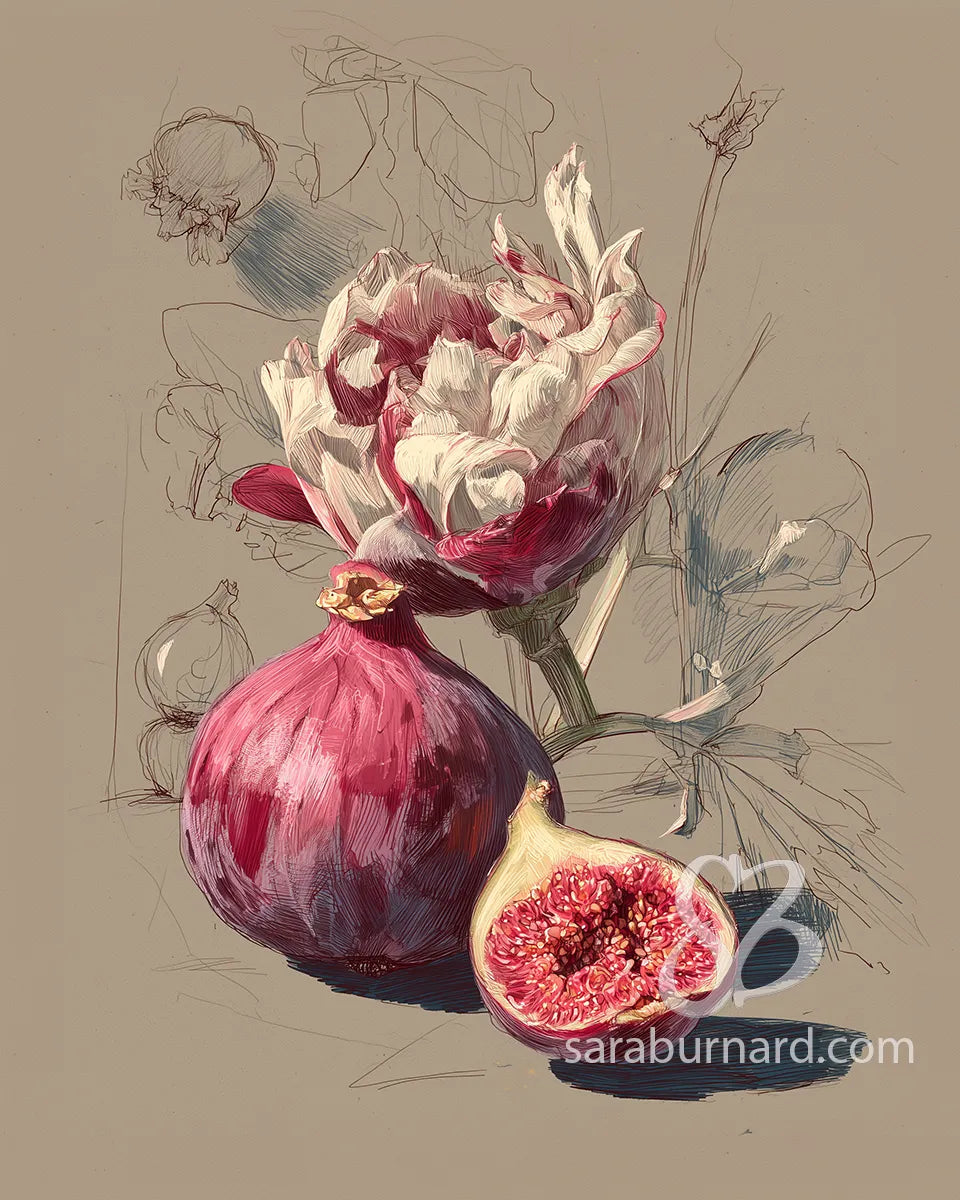Illustration of a pink flower and fig on a beige background