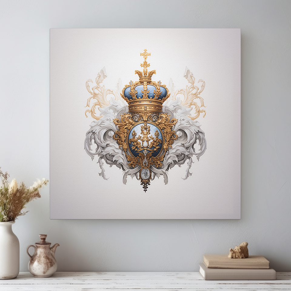 Renaissance Emblem Wall Art - Canvas Print Gallery Wrap - Crown Design on Gray Background