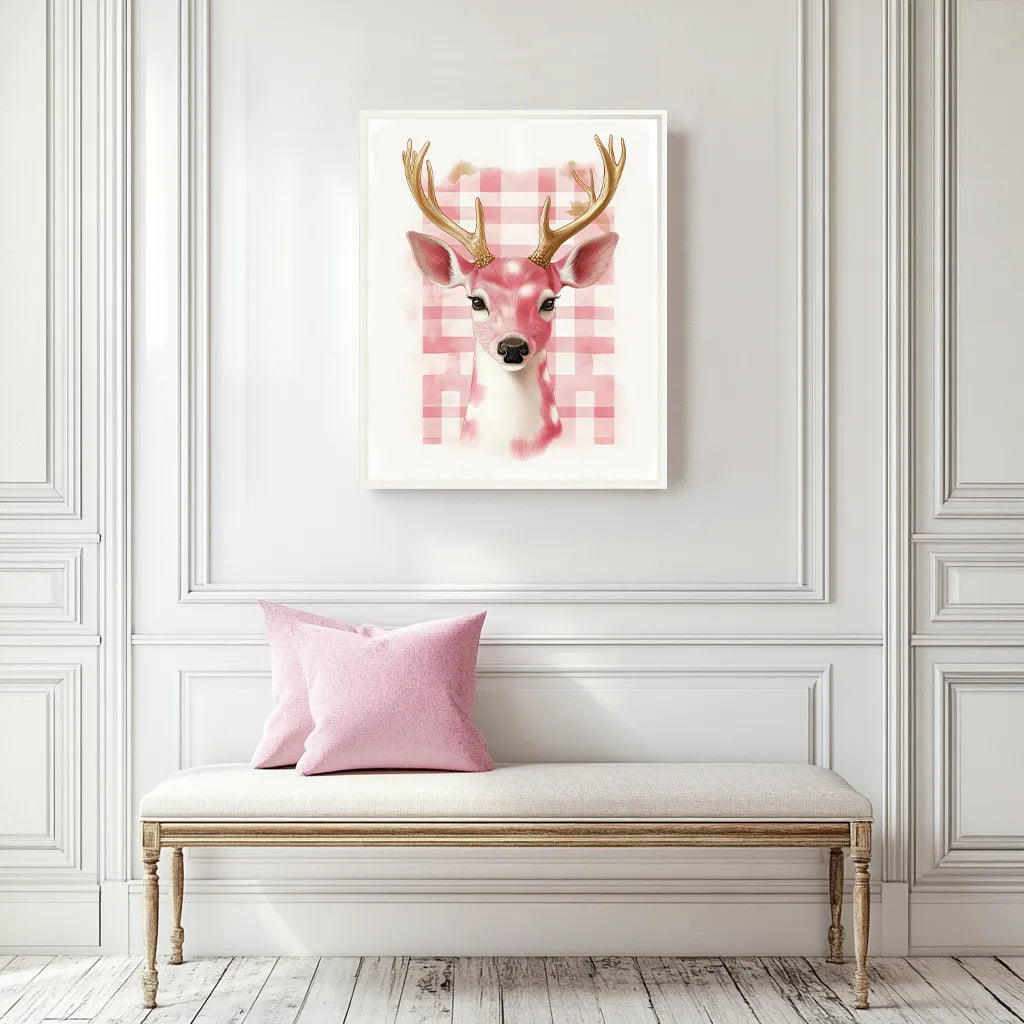 Framed artwork of a deer with pink checkered pattern on a wall above a bench with a pink pillow.