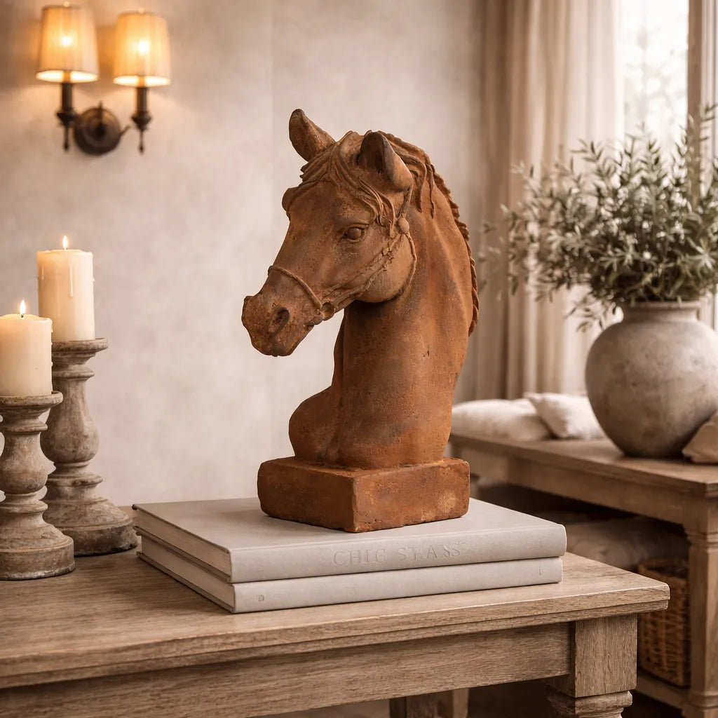 Decorative horse head sculpture on a coffee table in a living room setting.