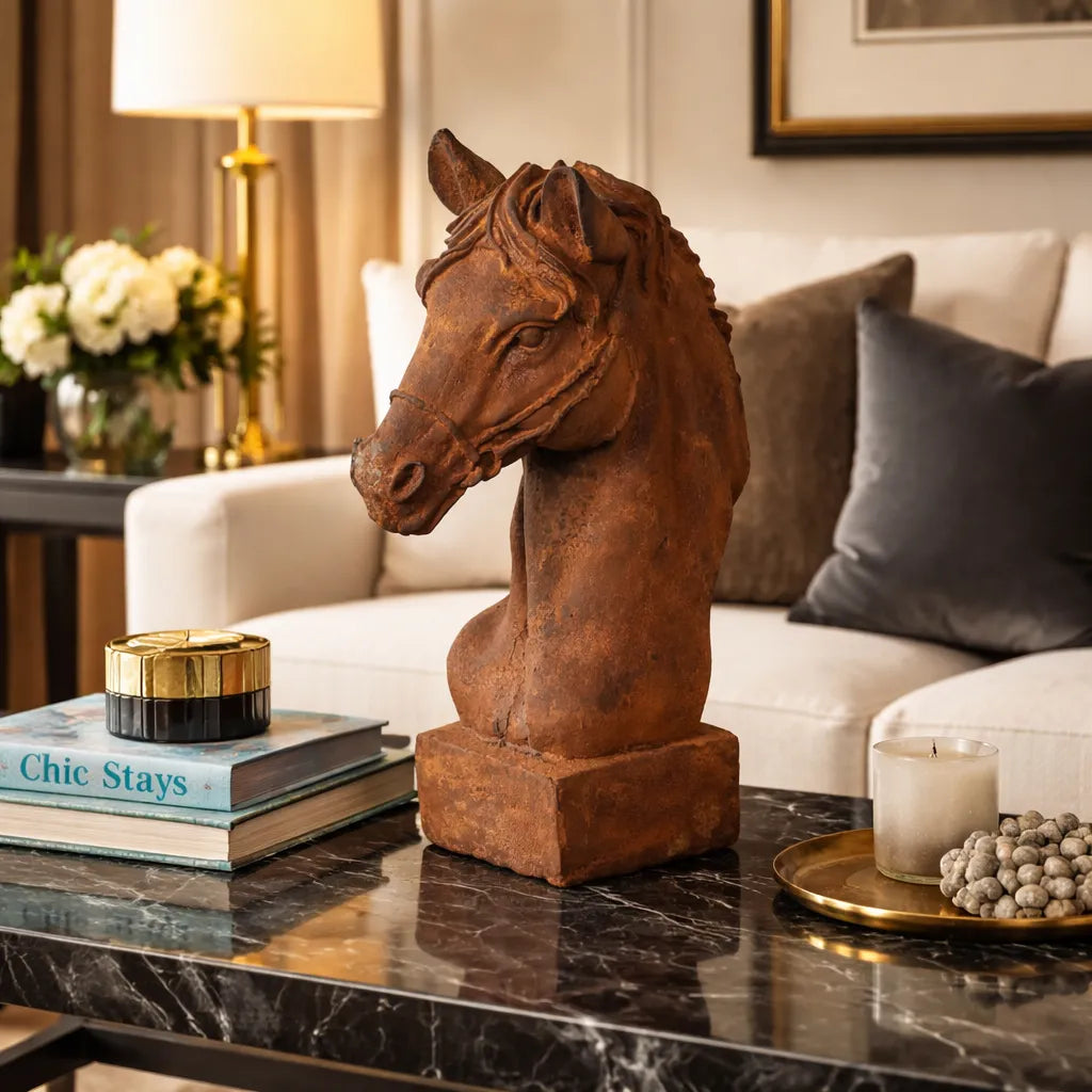 Decorative horse head sculpture on a coffee table in a living room setting.