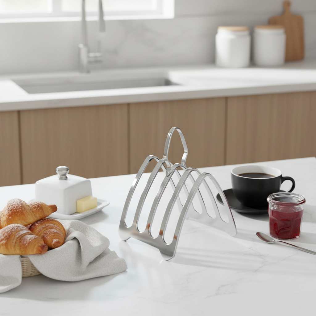 Cathedral style silver plate 5 bar toast rack on a kitchen counter with bread, coffee, and jam.
