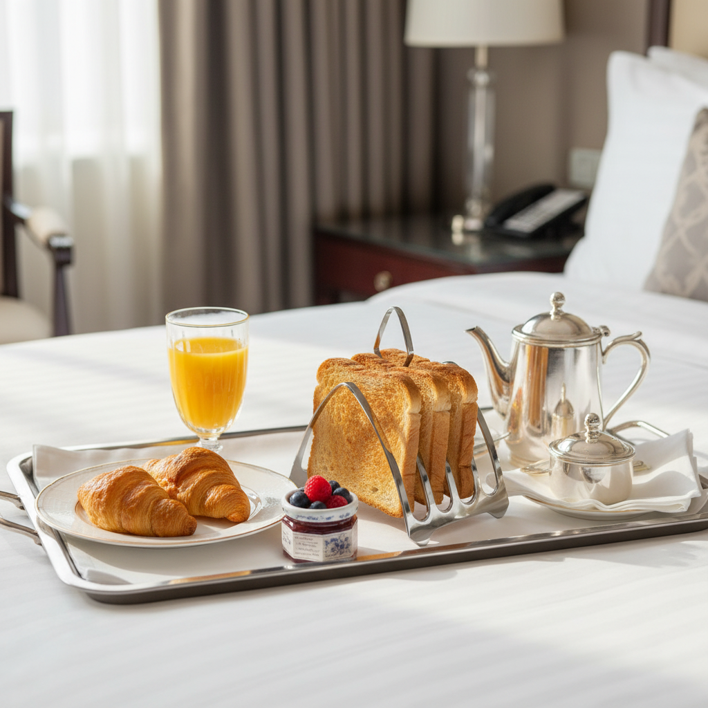 Breakfast tray with a Cathedral style silver plate 5 bar toast rack, croissants, toast, and a teapot on a bed.