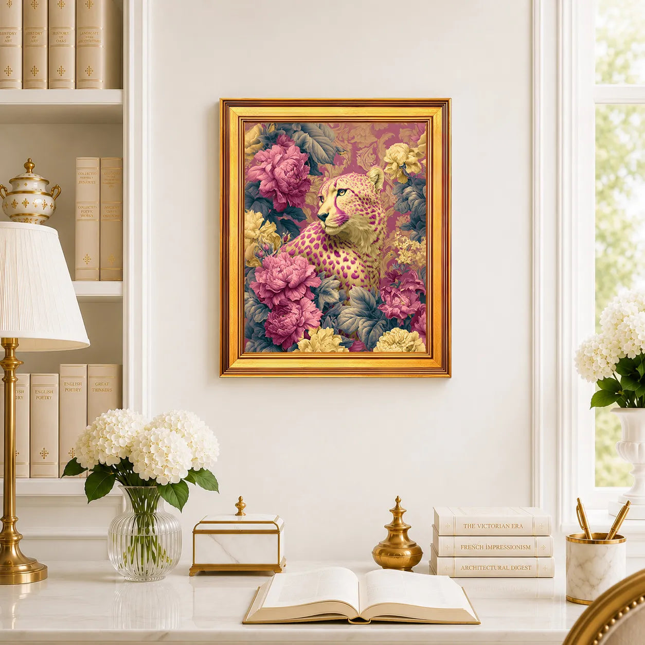 Cheetah in Jewel Peonies framed wall art displayed above a traditional desk with peonies, books, brass decor, and a burnished antique gold frame.