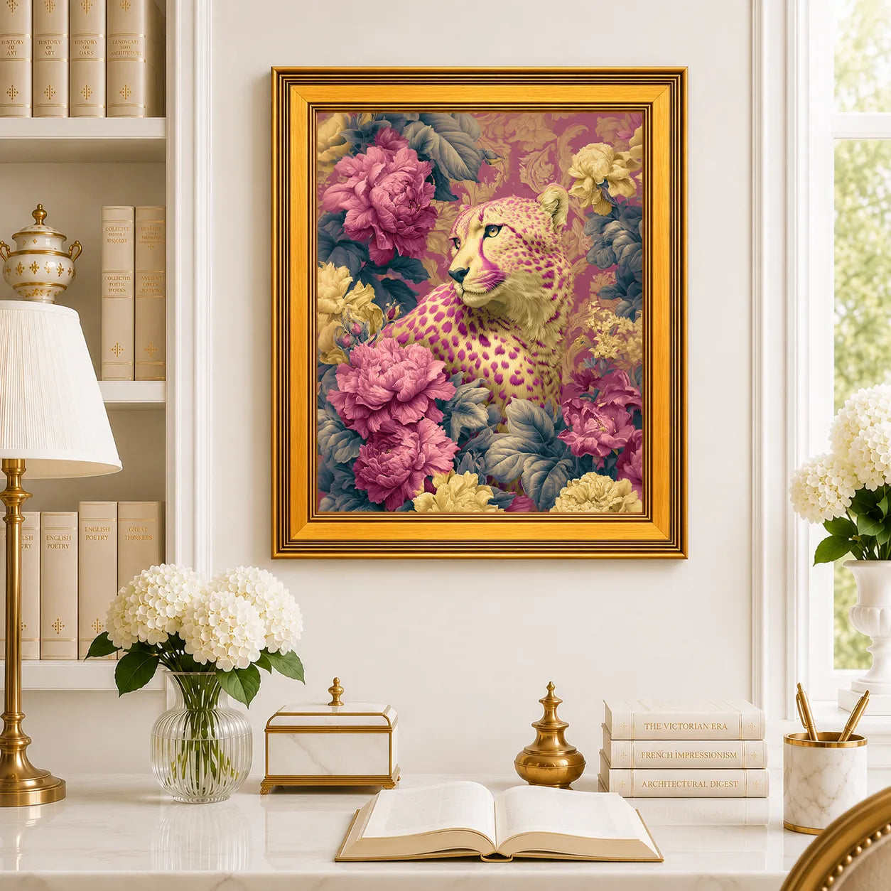 Large Cheetah in Jewel Peonies framed wall art displayed in a traditional study with peonies, antique books, brass accents, and a burnished antique gold frame.
