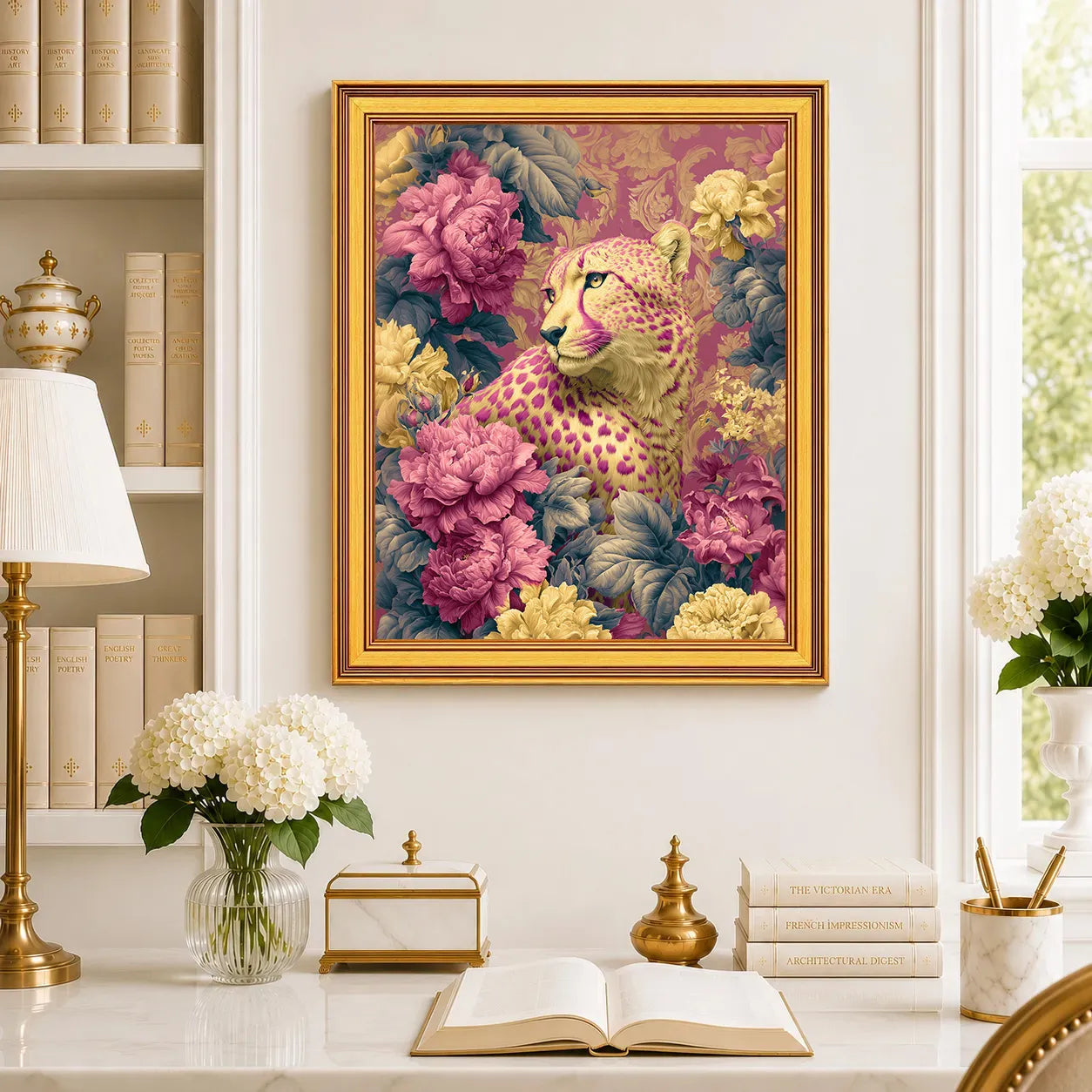 Large Cheetah in Jewel Peonies framed wall art displayed in a traditional study with peonies, antique books, brass accents, and a burnished antique gold frame.