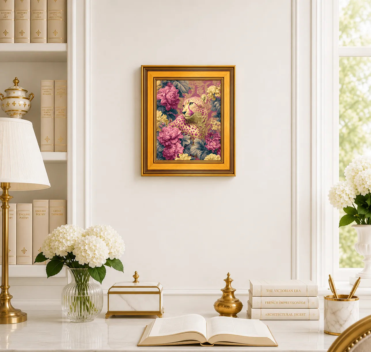 Small Cheetah in Jewel Peonies framed wall art displayed in an elegant traditional study with antique books, peonies, brass accents, and a burnished antique gold frame.