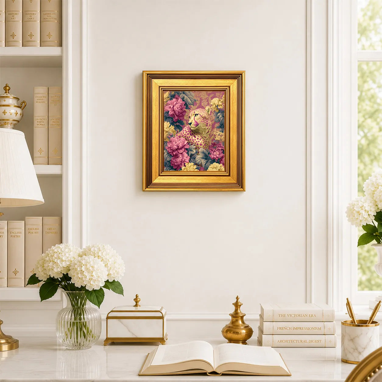 Small Cheetah in Jewel Peonies framed wall art displayed in an elegant traditional study with antique books, peonies, brass accents, and a burnished antique gold frame.