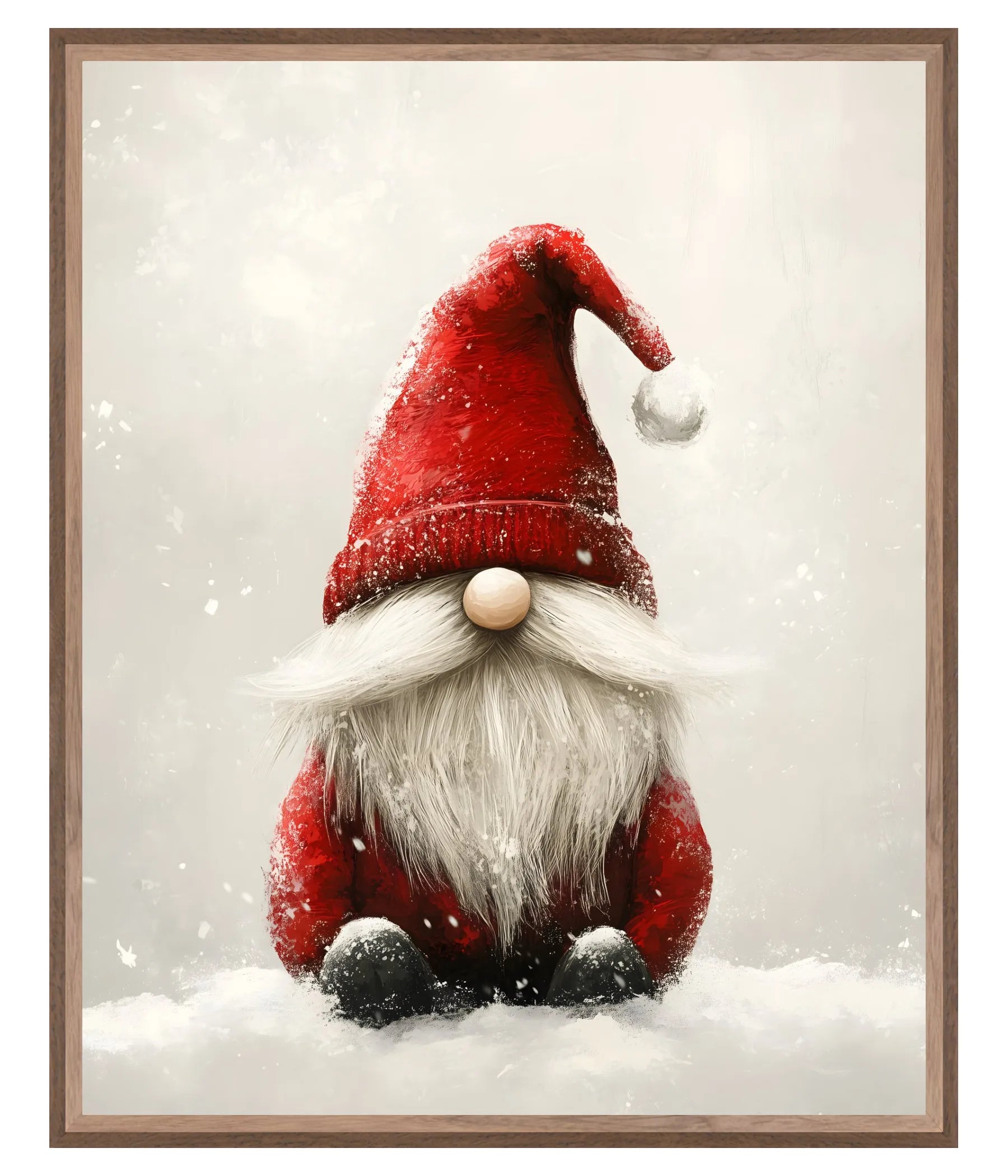 Christmas gnome wall art on satin canvas in walnut floating frame, red hat gnome sitting in snow with soft winter background, Scandinavian holiday décor artwork