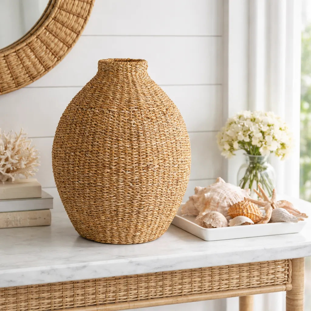 Woven seagrass vase on a table with decorative items in a home setting
