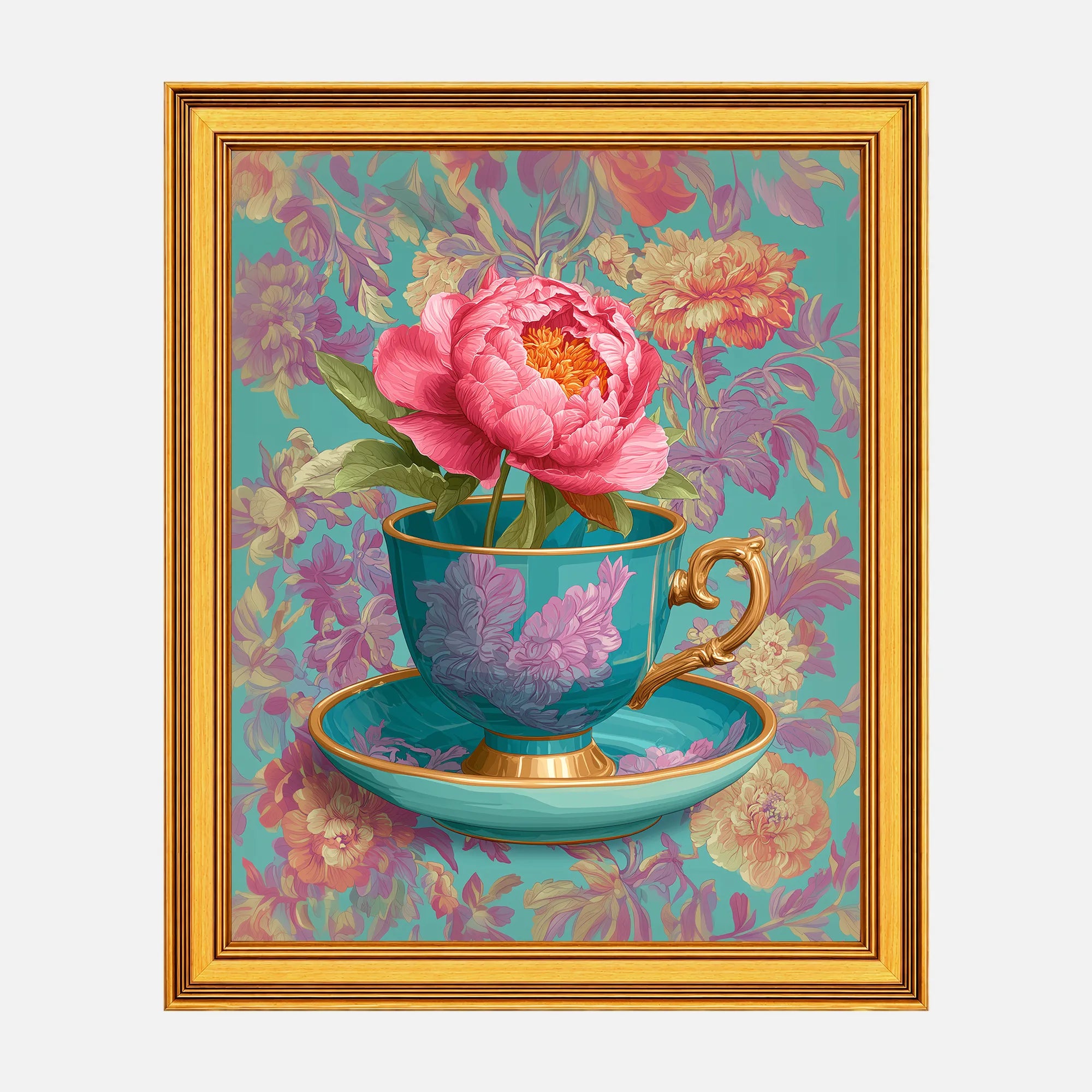 Coral Peony in Aqua Teacup framed fine art print in a burnished antique gold frame, 20 x 25 inch print size with 23.5 x 28.5 inch framed dimensions.