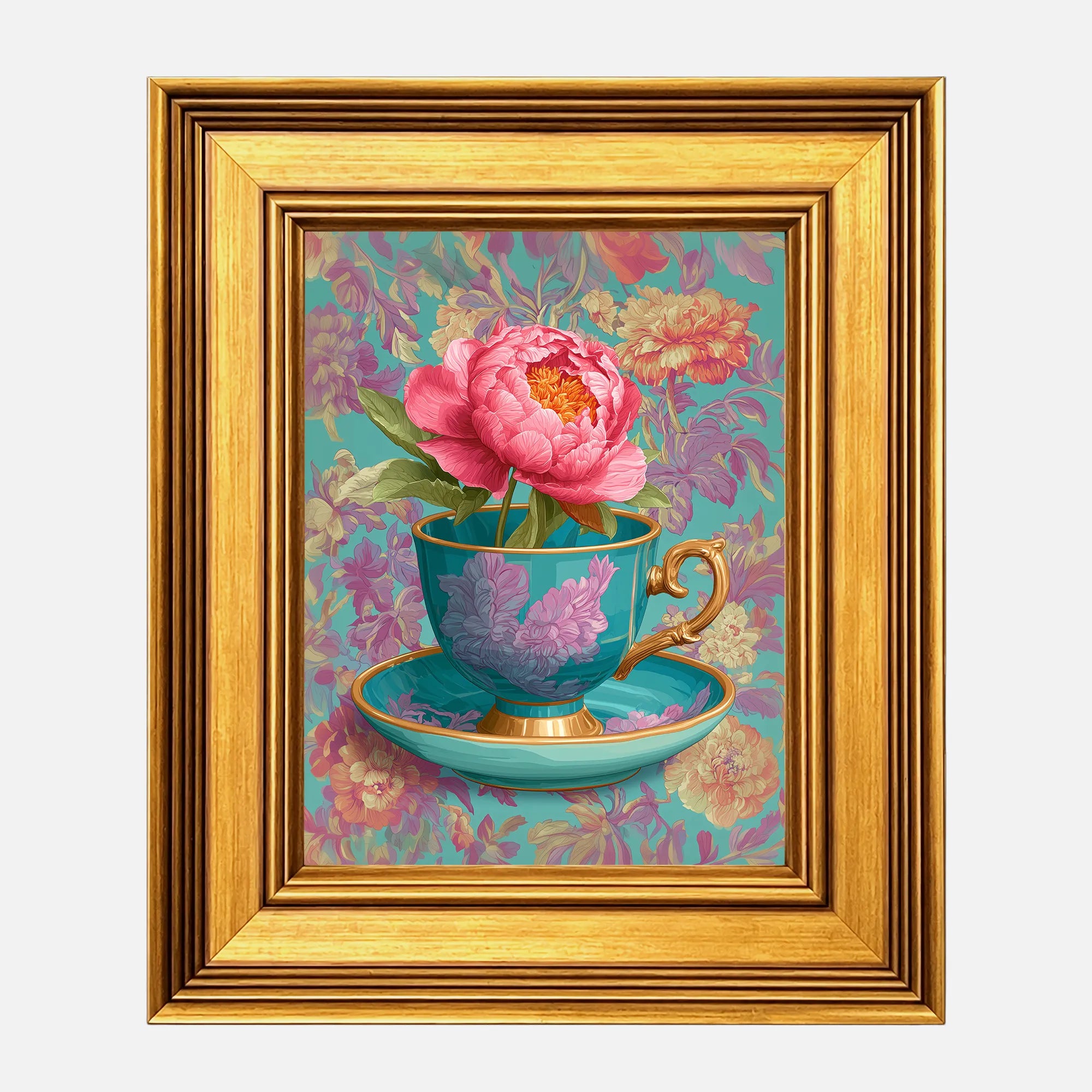 Coral Peony in Aqua Teacup framed wall art in a burnished antique gold frame, 8 x 10 inch print size with 11.5 x 13.5 inch framed dimensions.