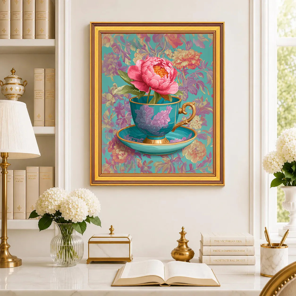 Large Coral Peony in Aqua Teacup framed wall art displayed in a traditional study with peonies, antique books, brass accents, and a burnished antique gold frame.