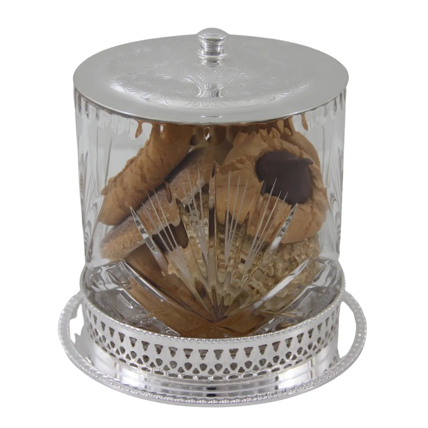Corbell Crystal & Silver Plate Cookie Jar Leaf Design with silver plate lid and base containing cookies on a white background
