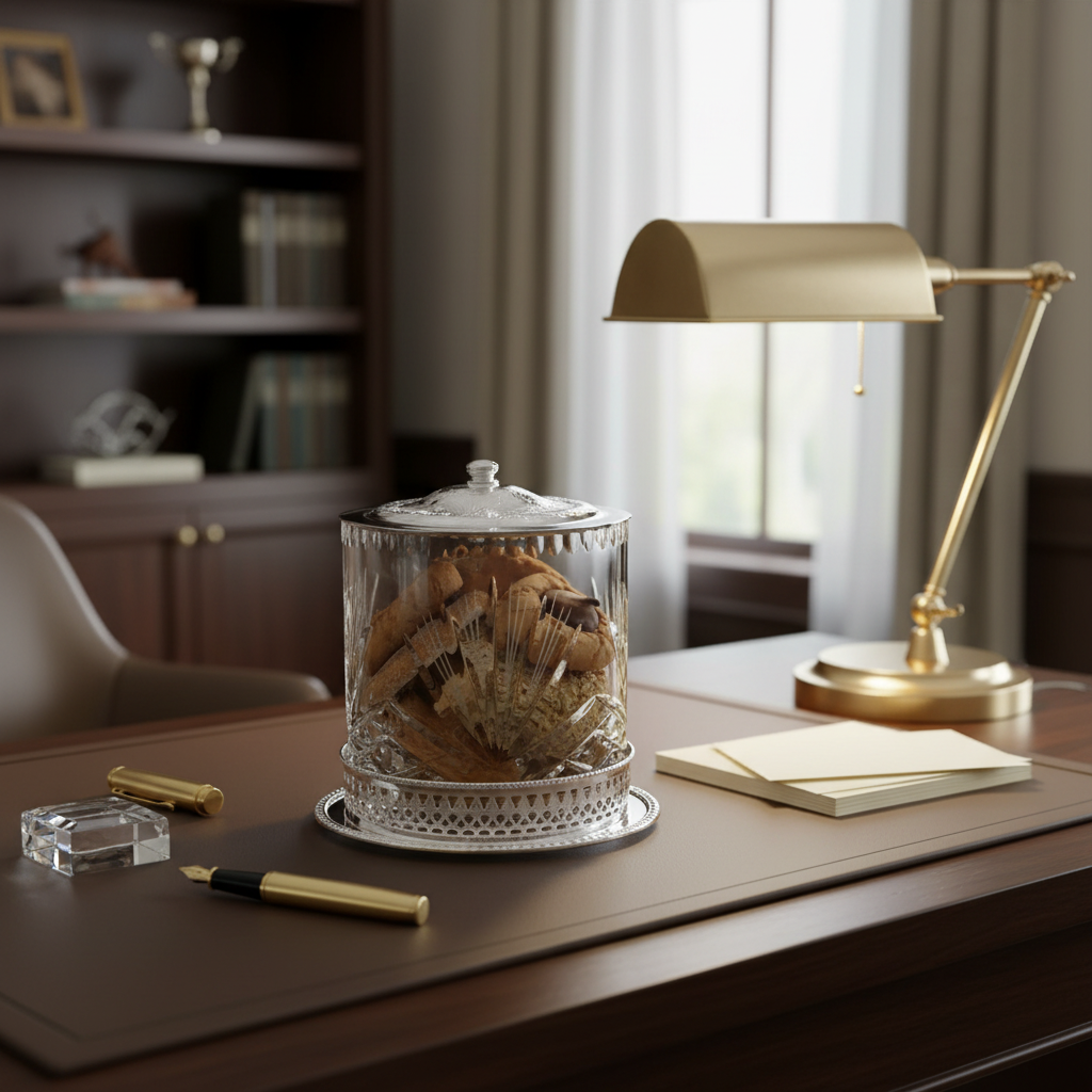 Corbell Crystal & Silver Plate Cookie Jar Leaf Design with silver plate lid and base containing cookies on a desk with a gold lamp and stationery items.